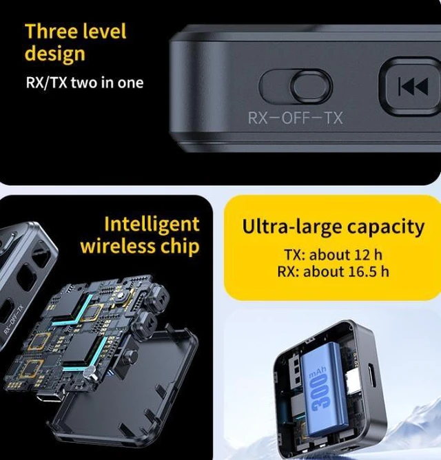 Alt view image 7 of 10 - JS13 Bluetooth 5.4 Audio Adapter, 2-in-1 Transmitter & Receiver for TV/Car/Speaker Long Battery Life (16.5H RX / 12H TX), 10m Range, AUX to Wireless Plug & Play