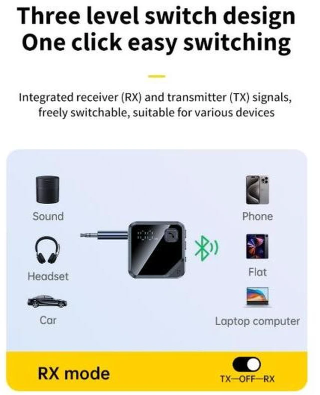 Alt view image 8 of 10 - JS13 Bluetooth 5.4 Audio Adapter, 2-in-1 Transmitter & Receiver for TV/Car/Speaker Long Battery Life (16.5H RX / 12H TX), 10m Range, AUX to Wireless Plug & Play