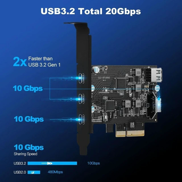 Alt view image 2 of 2 - High Speed 20Gbps PCIE X4 To 3 USB 3.2 TYPE-C With Internal USB2.0+TYPE-E Expansion Card