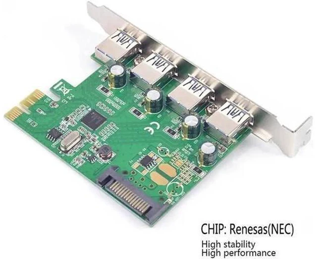 Alt view image 11 of 13 - 4 Port USB 3.0 PCIe X1 Expansion Card, Renesas (NEC) Chipset, 15-Pin SATA Power Supply, SuperSpeed 5Gbps PCI-E USB Controller Adapter for Desktop Motherboard