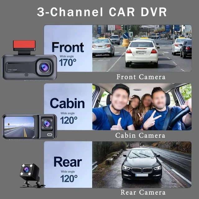 Alt view image 8 of 10 - 3-Lens 1080P Dash Cam Front, Rear & Cabin Full HD Video Recorder, Car DVR