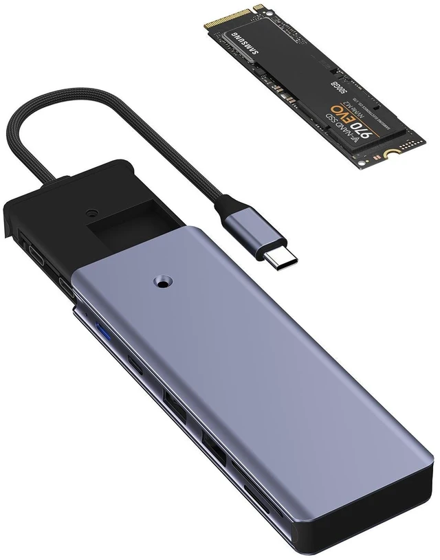 Alt view image 5 of 6 - 10Gbps M.2 NVMe/SATA SSD Enclosure & 5-in-1 USB-C Hub 4K HDMI, 100W PD, USB 3.2 Ports, SD/TF Card Reader Docking Station for MacBook/Windows Laptop