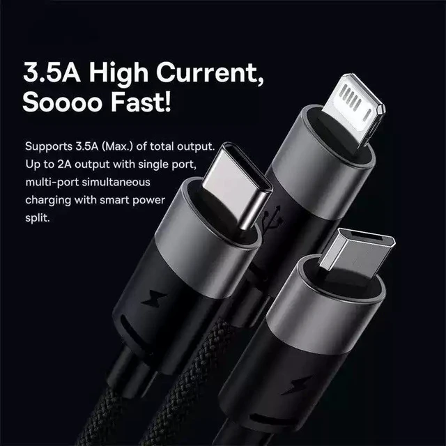 Alt view image 10 of 13 - 3-in-1 USB Charging Cable Micro USB + Type-C, 3.5A High-Speed Charger, 4 Tinned Copper Wires, Smart Power Split, Multi-Device Compatible for Android Phones, Tablets & More Black