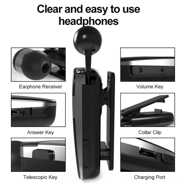 Alt view image 9 of 10 - K53 Clip-On Retractable Bluetooth Headset Wireless Sports Running, Stereo Sound, Call Vibration, Retractable Cable, 10H Playtime yellow