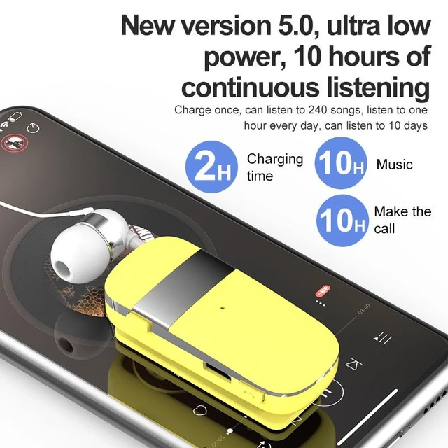 Alt view image 7 of 10 - K53 Clip-On Retractable Bluetooth Headset Wireless Sports Running, Stereo Sound, Call Vibration, Retractable Cable, 10H Playtime yellow