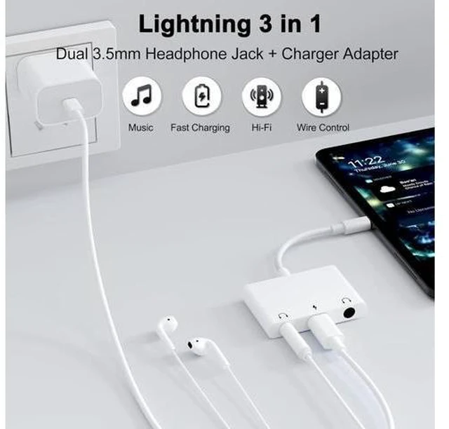 Alt view image 9 of 14 - 3 in 1 Dual 3.5mm Headphone Jack Adapter - Earphone Jack Audio and Charging Adapter - Headphone Splitter for iPhone 14/13/ 12/11/ X/ 8/ iPad -Support iOS 13- White