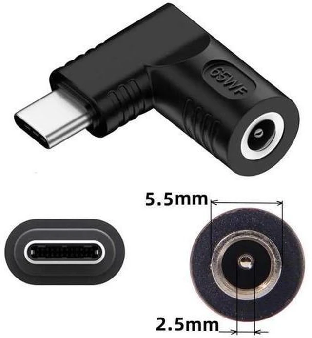 Alt view image 10 of 14 - 65W 90 Degree Right Angle DC 5.5x2.5mm to USB-C PD Power Adapter, 20V DC Barrel Input to Type-C Output Charging Converter Plug