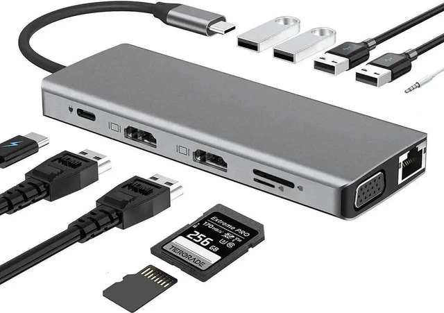 Alt view image 8 of 14 - Laptop Docking Station Triple Monitor, 12 in 1 USB C Hub Multiport Adapter Dongle with 2 HDMI, VGA, PD, Ethernet, SD/TF, 4 USB Ports, Mic/Audio, Compatible for MacBook/Dell/HP/Lenovo