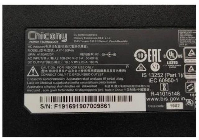 Alt view image 4 of 4 - Chicony 19.5V 9.23A 180W Charger A17-180P4A AC Power Adapter For CLEVO P950HR N850HP6 MSI GS63VR GE72VR GS65 A15-180P1A