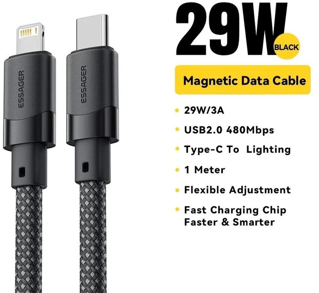Alt view image 8 of 14 - USB C Cable For IPhone 14 13 12 11Pro Max Plus 29W Magnetic Fast Charging Date Wire For ipad - 29W C-L Back