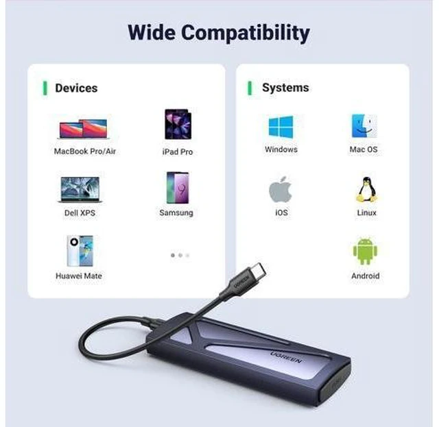 Alt view image 14 of 14 - UGREEN SSD Enclosure, Tool-Free USB C External, 10Gbps M.2 NVMe to USB Adapter/Reader Supports M and B&M Keys and Size 2230/2242 /2260/2280 SSDs