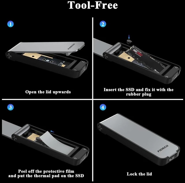 Alt view image 14 of 14 - FIDECO M.2 NVMe SSD Enclosure, M.2 NVMe to USB Adapter, USB 3.2 Gen 2 (10Gbps) SSD Reader for M & M+B Key, Sandwich Style Design, Tool-Free Installation, Support UASP and Trim (Grey)