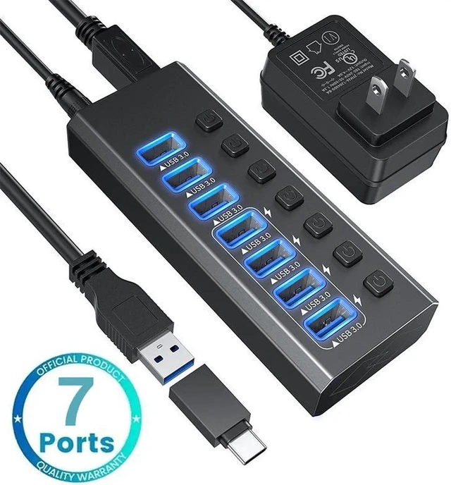 Alt view image 8 of 14 - Powered USB Hub 3.0, 7-Port USB 3.0 Splitter Hub with Individual On/Off Switches and 12V Power Adapter USB Extension for MacBook, Mac Pro/Mini and More