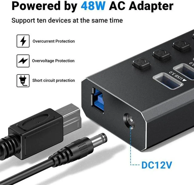 Alt view image 10 of 14 - Powered USB Hub 3.0, 7-Port USB 3.0 Splitter Hub with Individual On/Off Switches and 12V Power Adapter USB Extension for MacBook, Mac Pro/Mini and More