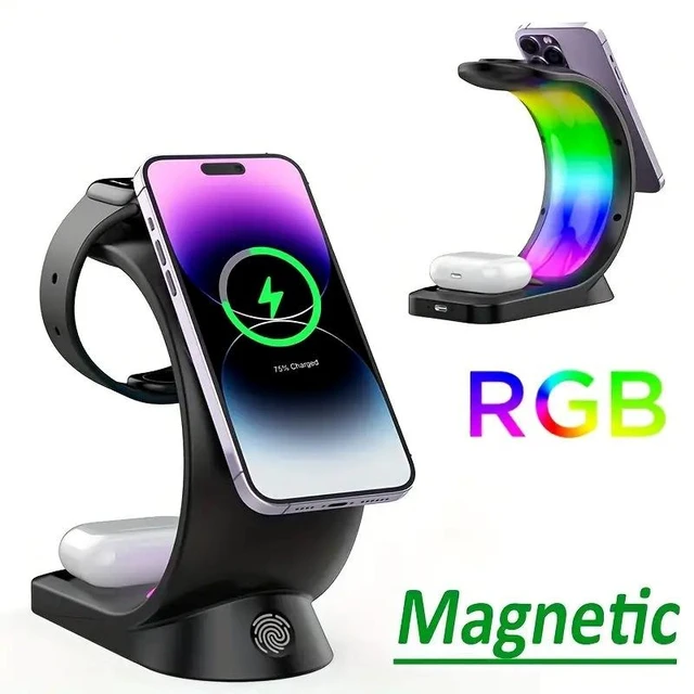 Alt view image 6 of 12 - 3-in-1 Wireless Charger MagSafe Compatible, Fast Charging, Desktop Stand, RGB Lighting, for iPhone, Apple Watch, AirPods
