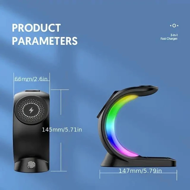 Alt view image 7 of 12 - 3-in-1 Wireless Charger MagSafe Compatible, Fast Charging, Desktop Stand, RGB Lighting, for iPhone, Apple Watch, AirPods