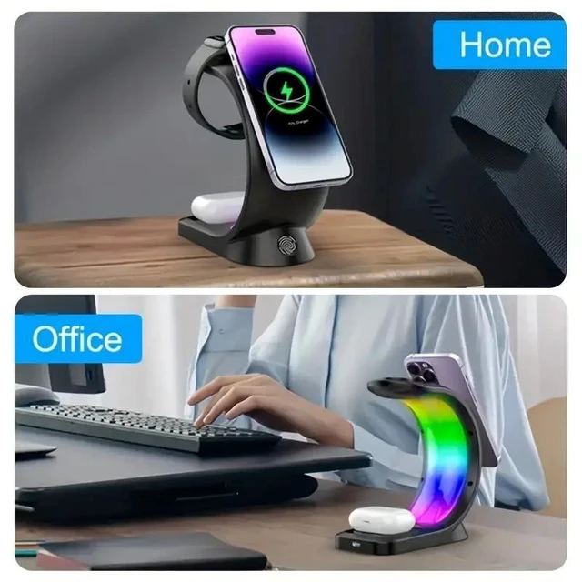 Alt view image 10 of 12 - 3-in-1 Wireless Charger MagSafe Compatible, Fast Charging, Desktop Stand, RGB Lighting, for iPhone, Apple Watch, AirPods
