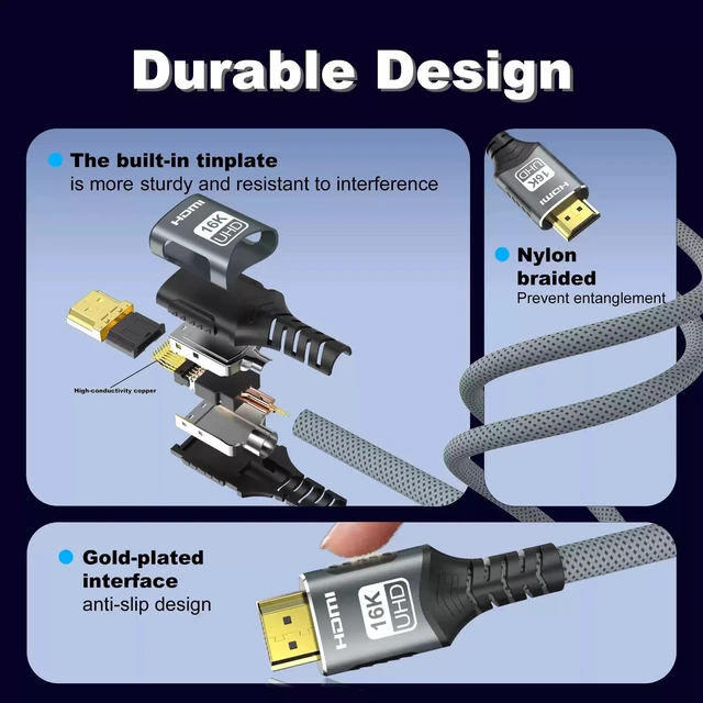 Alt view image 10 of 12 - 16K HDMI 2.2 Cable 16K@30Hz / 60Hz High-Speed HDMI Cord, Universal Compatibility with HDMI Interface Devices, Screen Mirroring Support, Gold-Plated Connectors, for TV, Monitor, Projector, PS5, Xbox