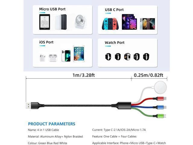 Alt view image 11 of 12 - 2Pack 4 in 1 iWatch & iPhone Charger for Travel, Multi Charging Cable for Apple Watch Charger Wireless USB C Micro Compatible with iWatch Ultra/SE/10/9/8/7/6/5/4/3/iPhone 16/15/14 Galaxy Android(4FT)