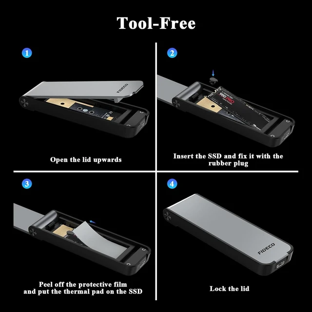Alt view image 14 of 14 - FIDECO M.2 NVMe SSD Enclosure, M.2 NVMe to USB Adapter, USB 3.2 Gen 2 (10Gbps) SSD Reader for M & M+B Key, Sandwich Style Design, Tool-Free Installation, Support UASP and Trim Grey