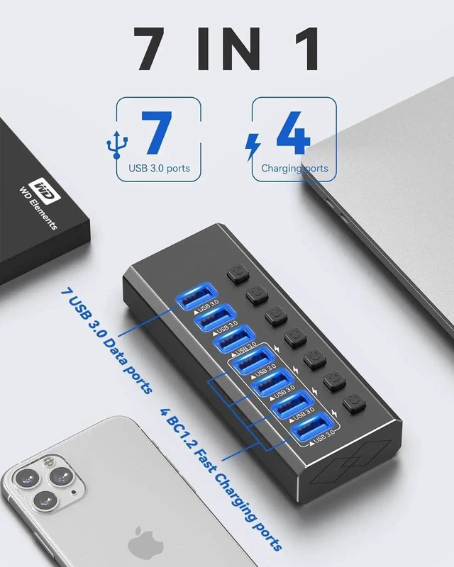 Alt view image 11 of 14 - Powered USB Hub, 7-Port USB 3.0 Hub with 24W Power Adapter, Aluminum USB Splitter Including 7 Port 5Gbps USB-A 3.0 Ports for PC, Laptop and More