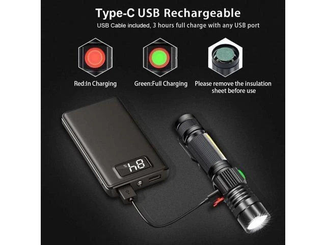 Alt view image 11 of 14 - Flashlight USB Rechargeable Magnetic LED Flashlight Super Bright Tactical Flashlight with Cob Sidelight 2000LM Waterproof Zoomable Best Small Flashlight for Camping Emergency Flashlight