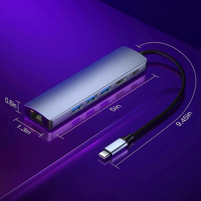 Alt view image 14 of 14 - 6-in-1 USB C to Ethernet Adapter, USB Hub with 3xUSB3.0, 1x100W PD & 1Gbps Rj45 Network, 4K HDMI Adapter for Surface, Chromebook, Laptop, and More