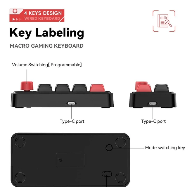 Alt view image 8 of 11 - 4-Key Macro Mechanical Keyboard Hot-Swappable, Programmable, RGB Lighting, Wired, for Gaming, Streaming, Productivity