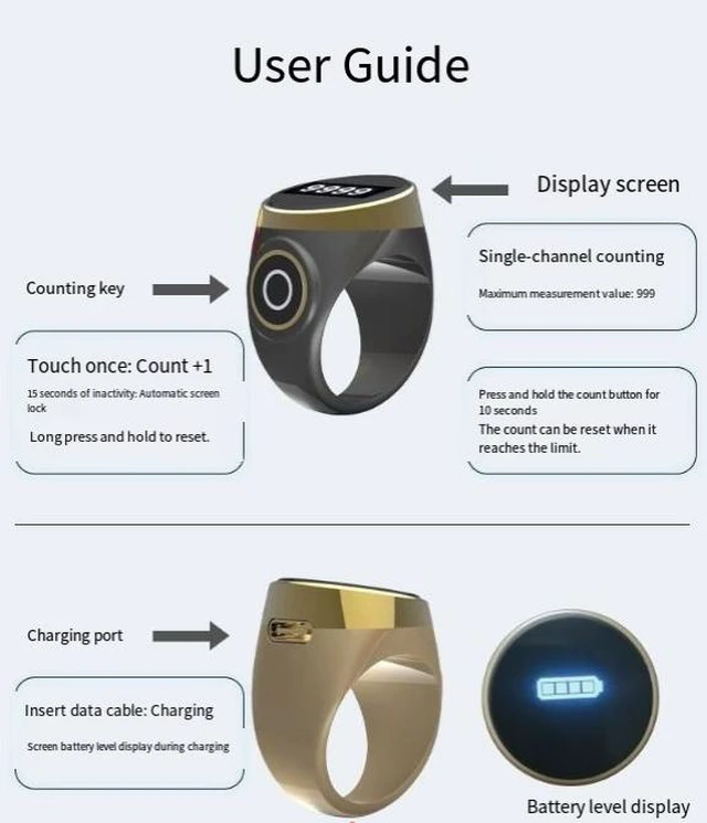 Alt view image 12 of 12 - S9 Smart Ring Finger Counter, Touch Screen Electronic Tally Counter with OLED Display, Rechargeable, Waterproof, Night Vision, Auto Lock, Adjustable Silicone Ring for Prayer Meditation Beads Counting