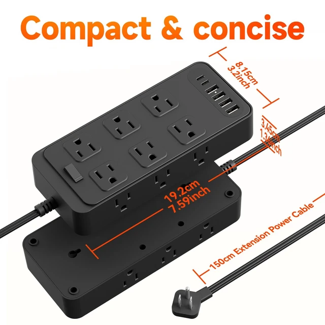 Alt view image 7 of 10 - US Power Strip, 4-Outlet Surge Protector with 4 USB Ports (2 USB-A + 2 USB-C), 1250W 10A, 1.5m Extension Cord Overload Protection, Wall Mountable for Home Office Black