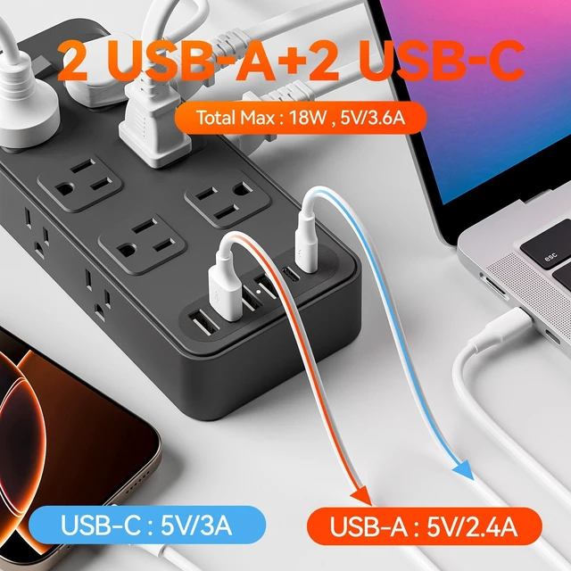 Alt view image 10 of 10 - US Power Strip, 4-Outlet Surge Protector with 4 USB Ports (2 USB-A + 2 USB-C), 1250W 10A, 1.5m Extension Cord Overload Protection, Wall Mountable for Home Office Black