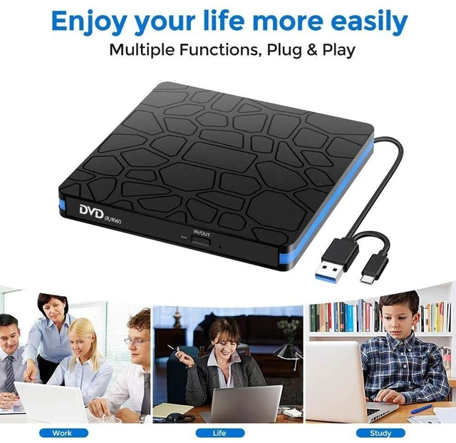 Alt view image 9 of 14 - External DVD Drive, USB 3.0 & Type-C Dual Interface Portable CD/DVD Burner for Laptop & Desktop External Optical Drive for PC, Tray-Load, Plug & Play, Ultra-Slim White edge