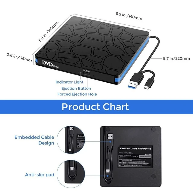 Alt view image 13 of 14 - External DVD Drive, USB 3.0 & Type-C Dual Interface Portable CD/DVD Burner for Laptop & Desktop External Optical Drive for PC, Tray-Load, Plug & Play, Ultra-Slim White edge