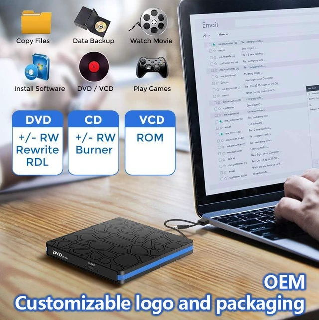 Alt view image 12 of 14 - External DVD Drive, USB 3.0 & Type-C Dual Interface Portable CD/DVD Burner for Laptop & Desktop External Optical Drive for PC, Tray-Load, Plug & Play, Ultra-Slim White edge