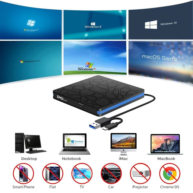 Alt view image 11 of 14 - External DVD Drive, USB 3.0 & Type-C Dual Interface Portable CD/DVD Burner for Laptop & Desktop External Optical Drive for PC, Tray-Load, Plug & Play, Ultra-Slim White edge