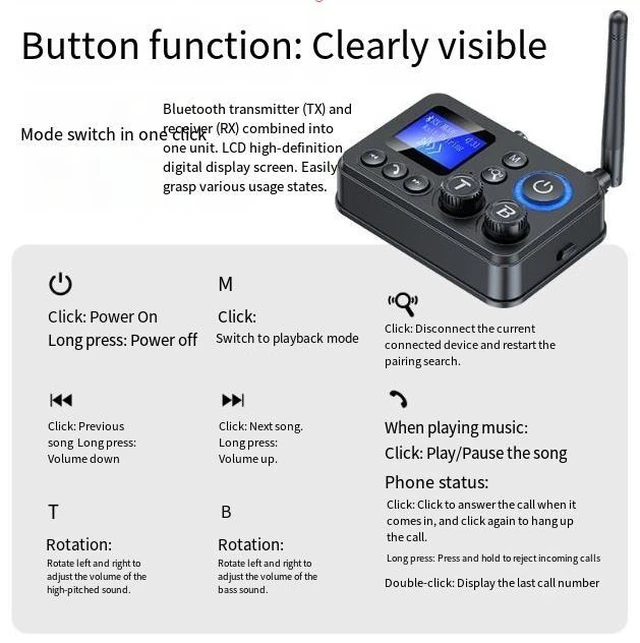 Alt view image 7 of 7 - GT87 Bluetooth 5.4 Audio Adapter, 2-in-1 Transmitter & Receiver with Digital Display TF Card & UDB Playback, Hi-Fi Bass & Treble, 20m Long Range Wireless for TV/Car/Speaker