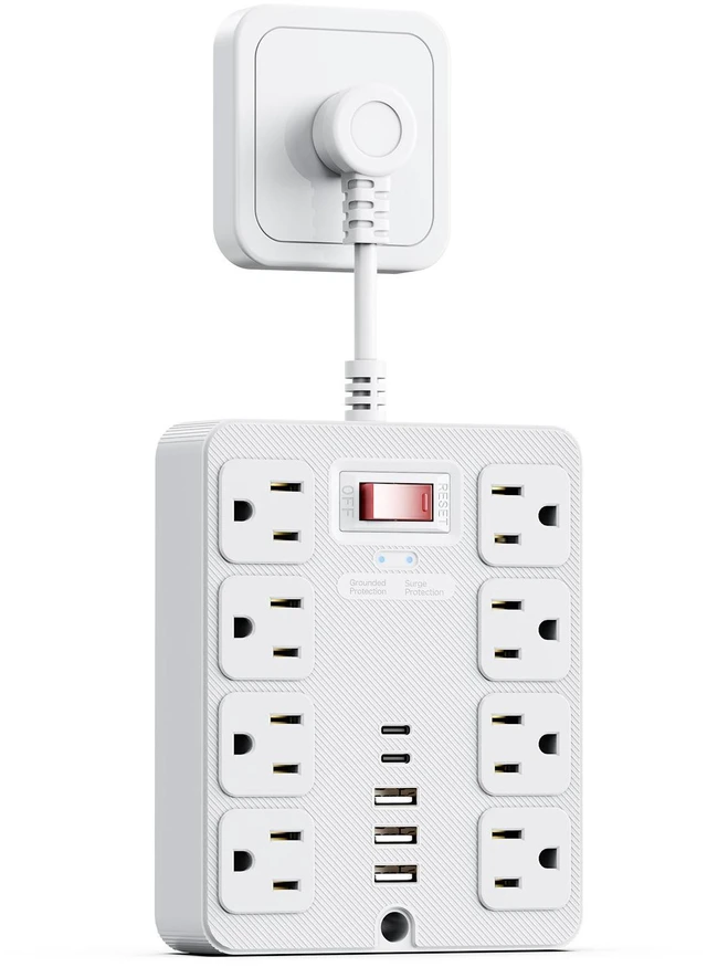 Alt view image 6 of 10 - US Power Strip, 8-Outlet Surge Protector with 4 USB Ports (2 USB-A + 2 USB-C), 1250W/10A Multiple Cable Lengths (1.5m to 7.5m) for Home Office ETL Listed