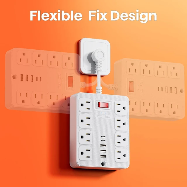 Alt view image 7 of 10 - US Power Strip, 8-Outlet Surge Protector with 4 USB Ports (2 USB-A + 2 USB-C), 1250W/10A Multiple Cable Lengths (1.5m to 7.5m) for Home Office ETL Listed