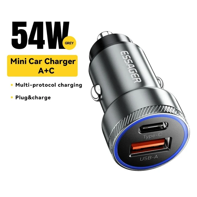Alt view image 8 of 14 - Essager 54W USB-C + USB-A Car Charger, PD36W & QC3.0 Fast Charging, Dual Port 12-24V Car Adapter with LED Ambient Light Grey