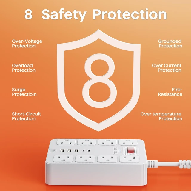 Alt view image 9 of 10 - US Power Strip, 8-Outlet Surge Protector with 4 USB Ports (2 USB-A + 2 USB-C), 1250W/10A Multiple Cable Lengths (1.5m to 7.5m) for Home Office ETL Listed