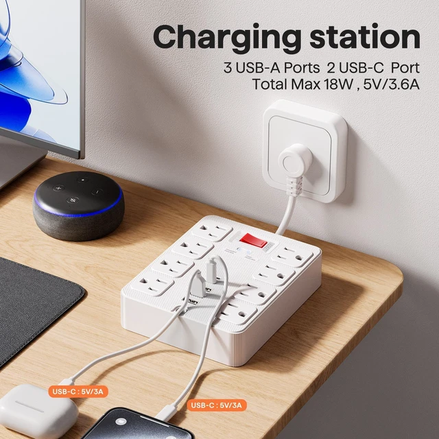 Alt view image 8 of 10 - US Power Strip, 8-Outlet Surge Protector with 4 USB Ports (2 USB-A + 2 USB-C), 1250W/10A Multiple Cable Lengths (1.5m to 7.5m) for Home Office ETL Listed