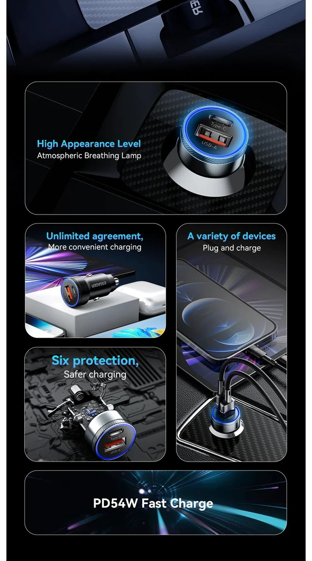 Alt view image 9 of 14 - Essager 54W USB-C + USB-A Car Charger, PD36W & QC3.0 Fast Charging, Dual Port 12-24V Car Adapter with LED Ambient Light Grey