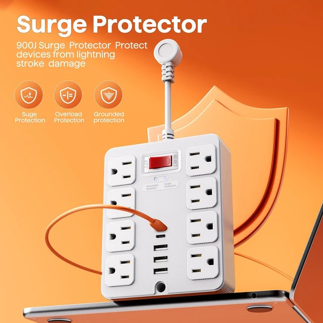 Alt view image 10 of 10 - US Power Strip, 8-Outlet Surge Protector with 4 USB Ports (2 USB-A + 2 USB-C), 1250W/10A Multiple Cable Lengths (1.5m to 7.5m) for Home Office ETL Listed