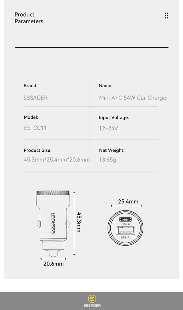 Alt view image 14 of 14 - Essager 54W USB-C + USB-A Car Charger, PD36W & QC3.0 Fast Charging, Dual Port 12-24V Car Adapter with LED Ambient Light Grey
