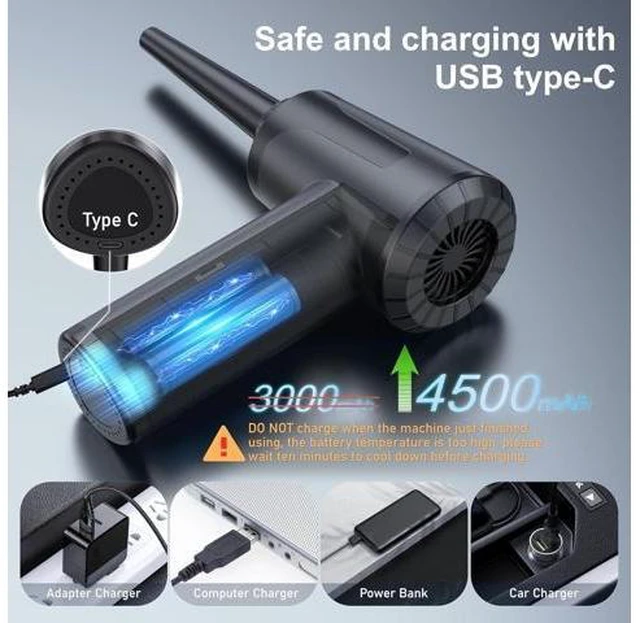 Alt view image 9 of 14 - Electric Compressed Air Duster Rechargable Air Blower for Car 100000RPM Air Can Duster for Computer PC Mini Blower Cordless with Led Light Handheld Blower Keyboard Cleaner Black
