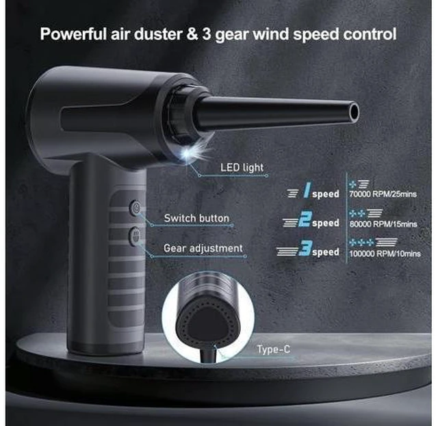 Alt view image 10 of 14 - Electric Compressed Air Duster Rechargable Air Blower for Car 100000RPM Air Can Duster for Computer PC Mini Blower Cordless with Led Light Handheld Blower Keyboard Cleaner Black