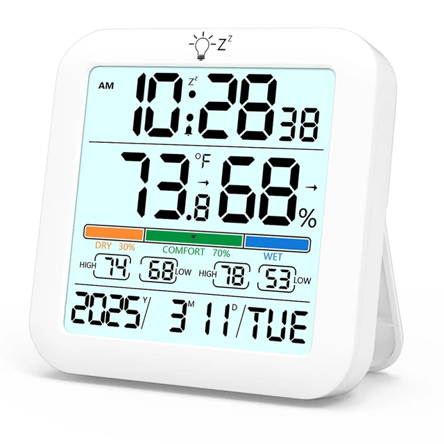 Alt view image 8 of 14 - Mini Digital Indoor Thermometer Hygrometer Clock, Room Temperature Humidity Monitor with Calibration, Backlight, Air Comfort Indicator, 24H Max Min Record, Time, Alarm for Home (Size3.2"x 3.2")