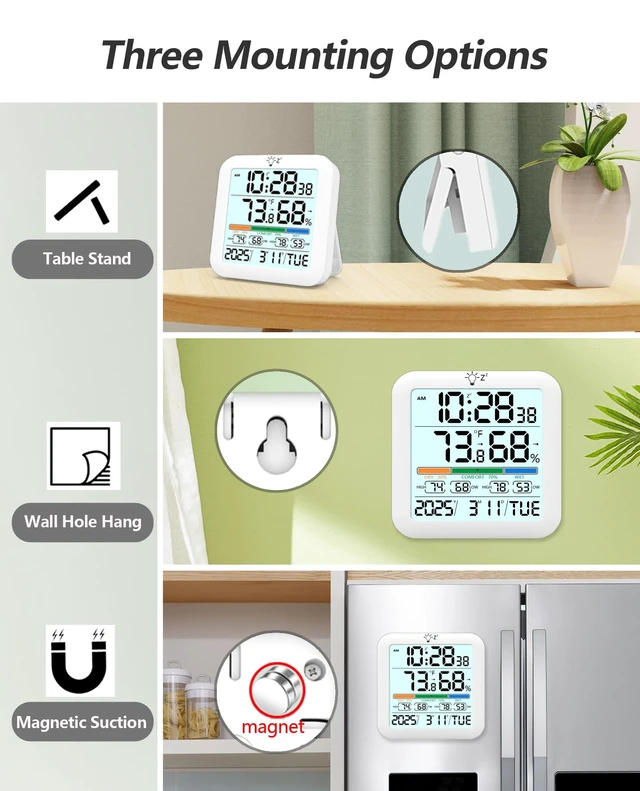 Alt view image 13 of 14 - Mini Digital Indoor Thermometer Hygrometer Clock, Room Temperature Humidity Monitor with Calibration, Backlight, Air Comfort Indicator, 24H Max Min Record, Time, Alarm for Home (Size3.2"x 3.2")