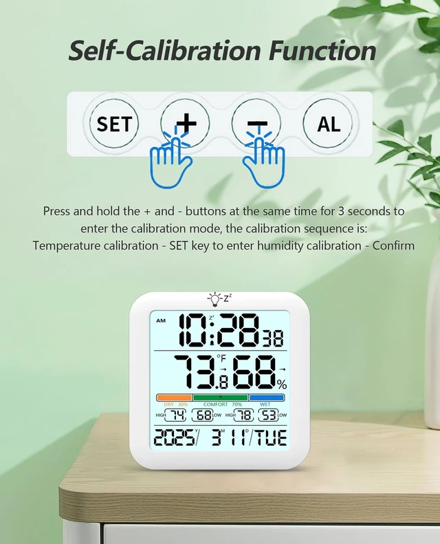 Alt view image 12 of 14 - Mini Digital Indoor Thermometer Hygrometer Clock, Room Temperature Humidity Monitor with Calibration, Backlight, Air Comfort Indicator, 24H Max Min Record, Time, Alarm for Home (Size3.2"x 3.2")