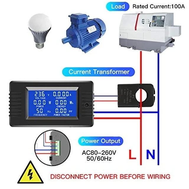 Alt view image 12 of 14 - AC Current Voltage Amperage Power Energy Panel Meter LCD Digital Display Ammeter Voltmeter Multimeter with Split Core Current Transformer CT AC 80-260V 100A Multi-Function Power Monitor